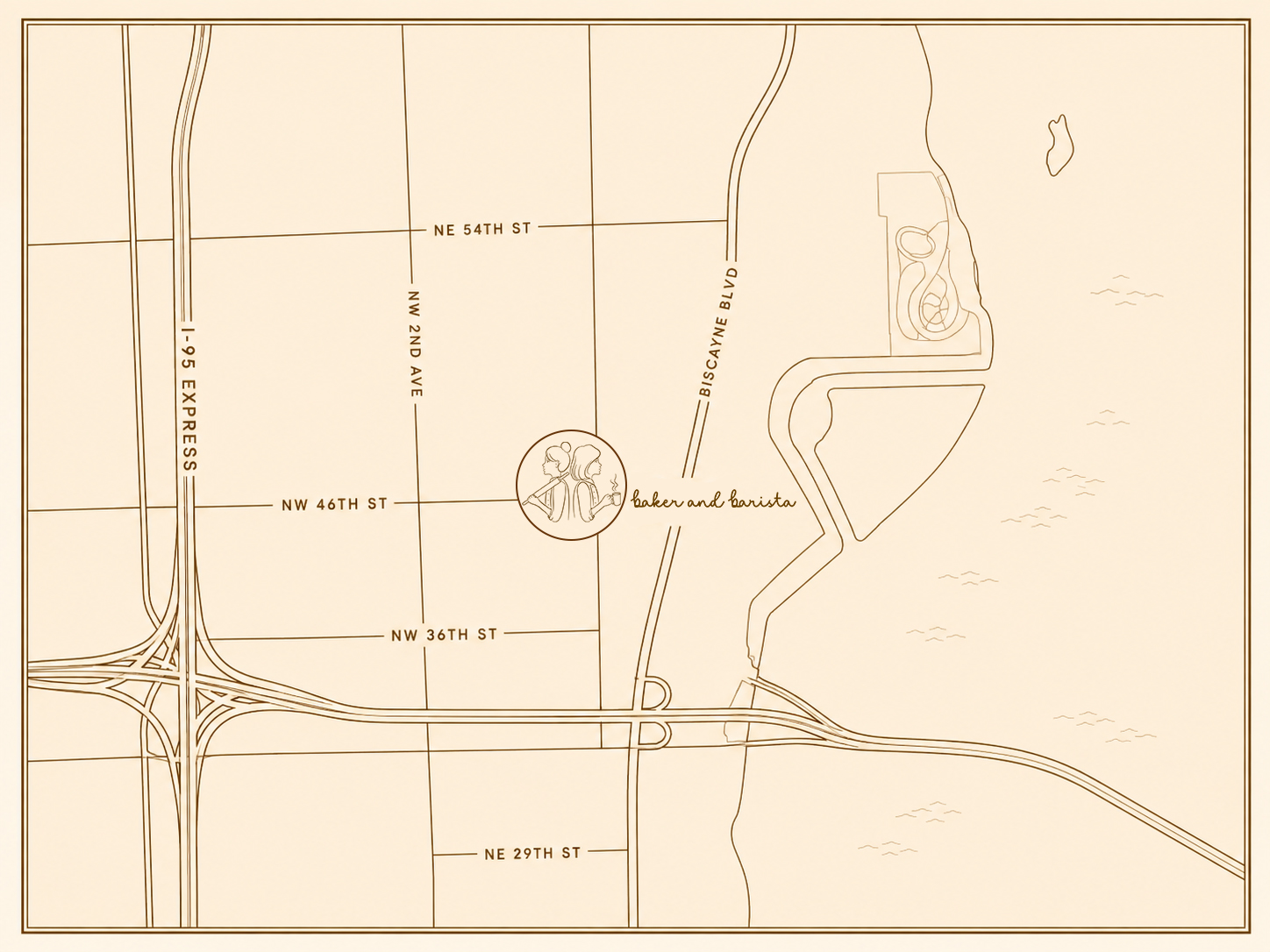 Hand-drawn map of Baker and Barista in the Miami Design District